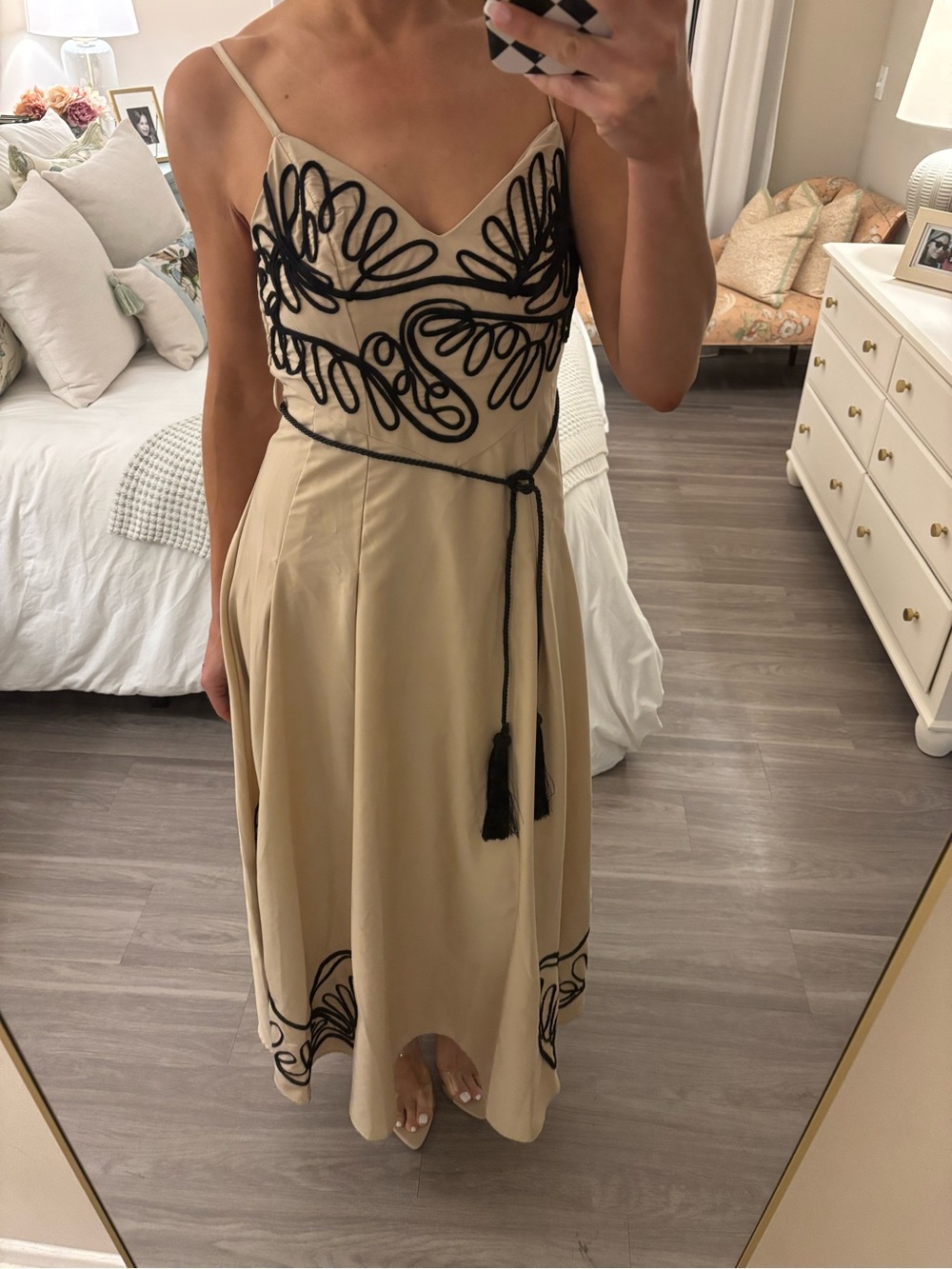 🌟 CHICWAYS Tan & Black Soutache Cord Embroidered Midi Dress 🌟